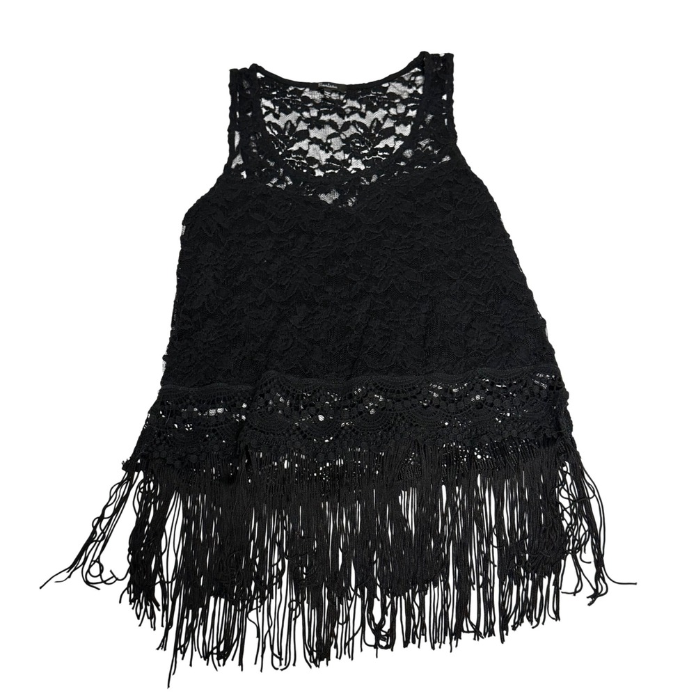 Monteau Womens Black Floral Lace Fringe Sleeveless Boho Tank Top Size M